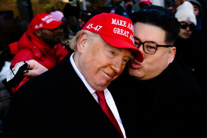 Dennis Alan, of Elgin, Ill., impersonates Donald Trump and Howard X, of Melbourne, Australia, impersonates North Korean President Kim Jong Un the day Trump’s second inauguration on Monday, Jan. 20, 2025, in Washington D.C.