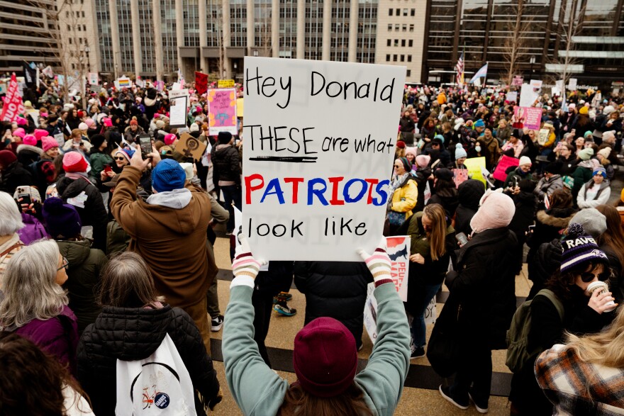 Thousands gather to protest Donald Trump’s inauguration as the 47th president of the United States and other related issues during the People’s March on Saturday, Jan. 18, 2025, in Washington D.C.