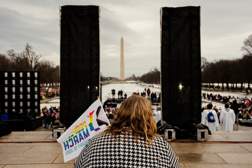 Thousands gather to protest Donald Trump’s inauguration as the 47th president of the United States and other related issues during the People’s March on Saturday, Jan. 18, 2025, in Washington D.C.