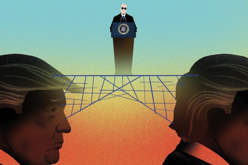 An illustration shows Joe Biden at a lecturn on a bridge spanning a chasm with two heads of Donald Trump in profile forming the base of the bridge.