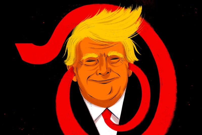 An illustration shows Donald Trump smiling zanily with yellow hair flying one direction and a red tie snaking through his ears and around his head wildly.