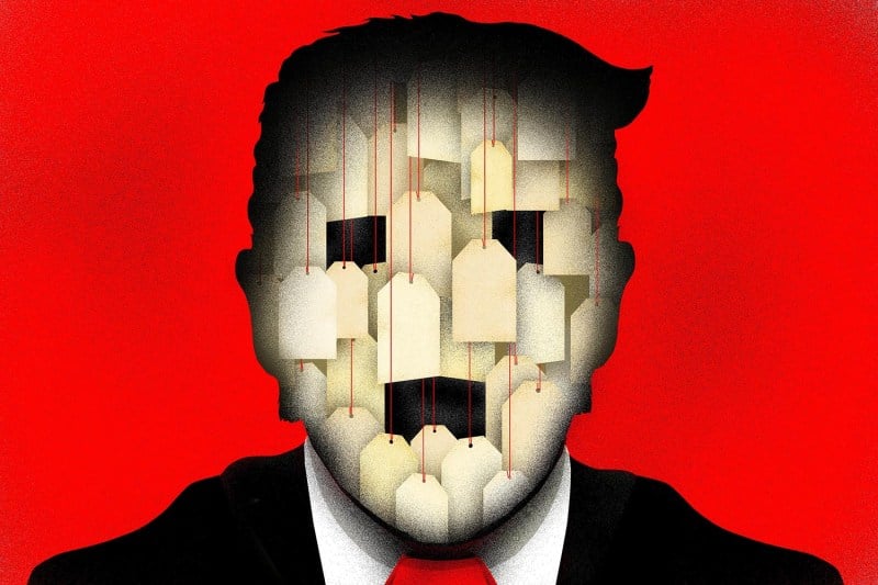 An illustrations shows the silhouette of Donald Trump with a face filled with pricetags.