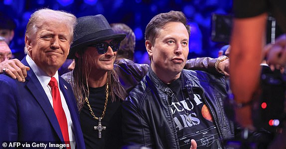 (FILES) (L-R) US President-elect Donald Trump, singer Kid Rock and Tesla and SpaceX CEO Elon Musk pose for a photo as they attend UFC 309 at Madison Square Garden in New York, on November 16, 2024. Donald Trump will be the one taking the presidential oath next week, but in some respects, billionaire Elon Musk might as well place his hand on the Bible too.  In an unprecedented relationship for modern US history, Trump will be heading into the White House shadowed by an advisor who is not only the world's richest person but matches the incoming president in terms of wild ambition, hard-right politics, and media influence. (Photo by Kena Betancur / AFP) (Photo by KENA BETANCUR/AFP via Getty Images)