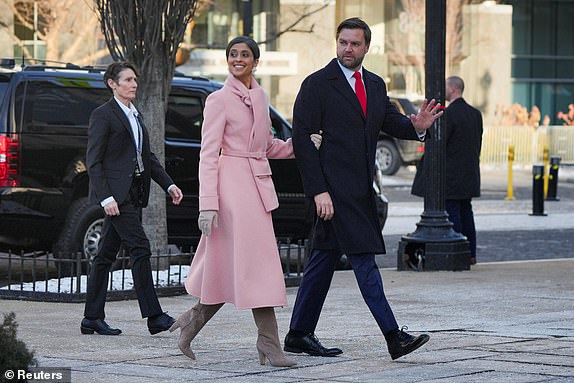 U.S. Vice President-elect JD Vance and his wife Usha Vance arrive for a service at St. John's Church on Inauguration Day of Donald Trump's second presidential term in Washington, U.S. January 20, 2025. REUTERS/Jeenah Moon