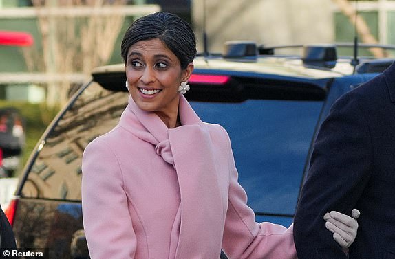 U.S. Vice President-elect JD Vance's wife Usha Vance arrives for a service at St. John's Church on Inauguration Day of Donald Trump's second presidential term in Washington, U.S. January 20, 2025. REUTERS/Jeenah Moon