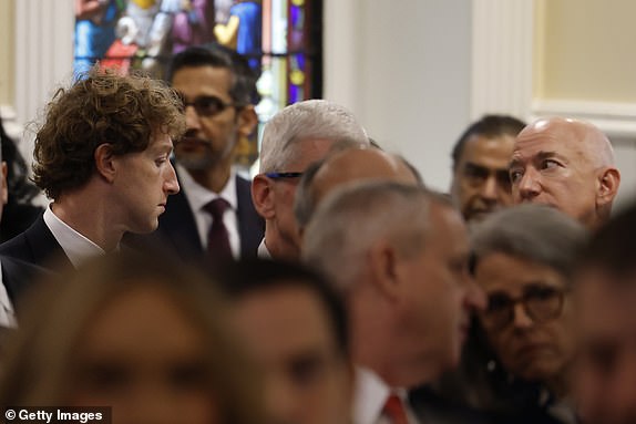 WASHINGTON, DC - JANUARY 20: Meta and Facebook CEO Mark Zuckerberg (L) CEO of Apple Tim Cook, Founder of Amazon and Blue Origin Jeff Bezos attend services as part of  Inauguration ceremonies at St. John's Church on January 20, 2025 in Washington, DC. Donald Trump takes office for his second term as the 47th president of the United States. (Photo by Anna Moneymaker/Getty Images)