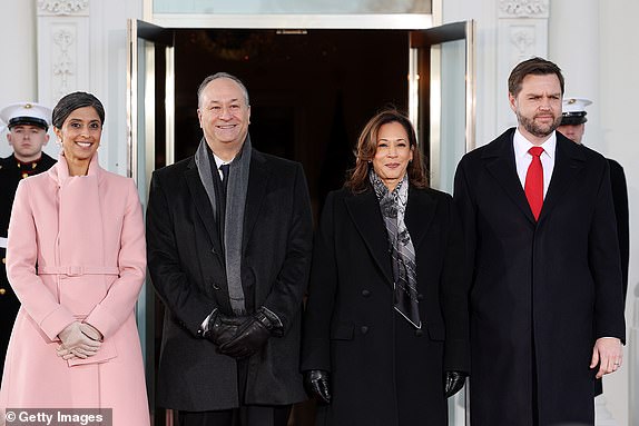 WASHINGTON, DC - JANUARY 20: (L-R) Usha Vance, second gentleman Doug Emhoff, U.S. Vice President Kamala Harris, and U.S. Vice President-elect former Sen. J.D. Vance (R-OH) stand together at the White House ahead of the inauguration of U.S. President-elect Donald Trump on January 20, 2025 in Washington, DC. Donald Trump takes office for his second term as the 47th president of the United States. (Photo by Win McNamee/Getty Images)