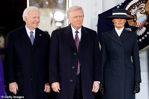 WASHINGTON, DC - JANUARY 20: (L-R) U.S. President Joe Biden welcomes U.S. President-elect Donald Trump and Melania Trump to the White House ahead of his inauguration on January 20, 2025 in Washington, DC. Donald Trump takes office for his second term as the 47th president of the United States. (Photo by Win McNamee/Getty Images)