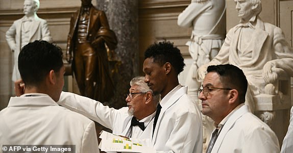 Catering staff prepare for a luncheon in Statuary Hall that will follow the inauguration ceremony where Donald Trump will sworn in as the 47th US President in the US Capitol Rotunda in Washington, DC, on January 20, 2025. (Photo by Brendan SMIALOWSKI / AFP) (Photo by BRENDAN SMIALOWSKI/AFP via Getty Images)