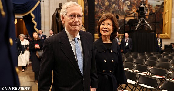 WASHINGTON, DC - JANUARY 20:  U.S. Sen. Mitch McConnell (R-KY) arrives with his wife, former U.S. Secretary of Transportation Elaine Chao to the inauguration of U.S. President-elect Donald Trump in the Rotunda of the U.S. Capitol on January 20, 2025 in Washington, DC. Donald Trump takes office for his second term as the 47th president of the United States.     Chip Somodevilla/Pool via REUTERS