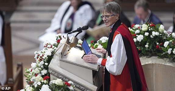 Rev. Mariann Budde leads the national prayer service attended by President Donald Trump at the Washington National Cathedral, Tuesday, Jan. 21, 2025, in Washington. (AP Photo/Evan Vucci)