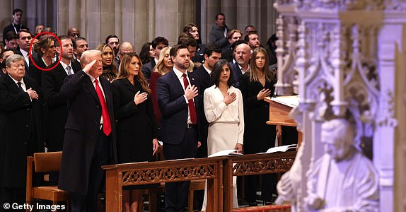 WASHINGTON, DC - JANUARY 21: U.S. President Donald Trump salutes as he attends the National Prayer Service at Washington National Cathedral with (L-R) first lady Melania Trump, U.S. Vice President J.D. Vance, and second lady Usha Vance on January 21, 2025 in Washington, DC. Tuesday marks Trump's first full day of his second term in the White House. (Photo by Chip Somodevilla/Getty Images)