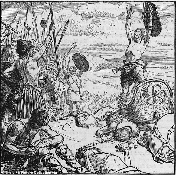 The troops of King Cadwallon of Gwynedd raise their spears and rejoice at the death of King Edwin in 633AD. He was defeated during the Battle of Hatfield Chase and left Ethelburga widowed