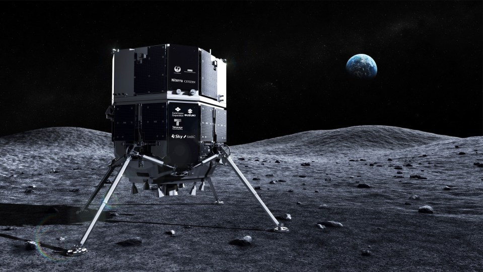 Illustration of the Hakuto spacecraft on the moon's surface with Earth in the background.