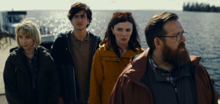 From left: Maisie Ayres as Jessie, Sebastian Croft as Sam, Aisling Bea as Susan and Nick Frost as Richard in Get Away.