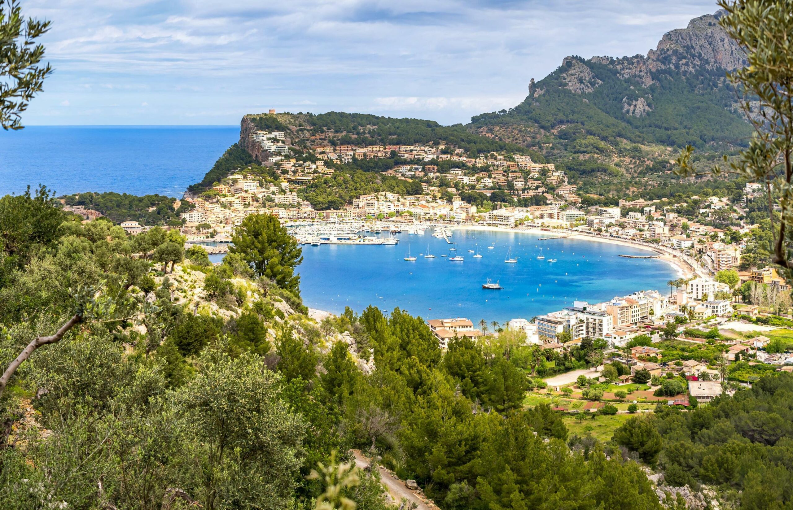 Scenic overlook of Port de Soller bay from the GR-221 hiking path.