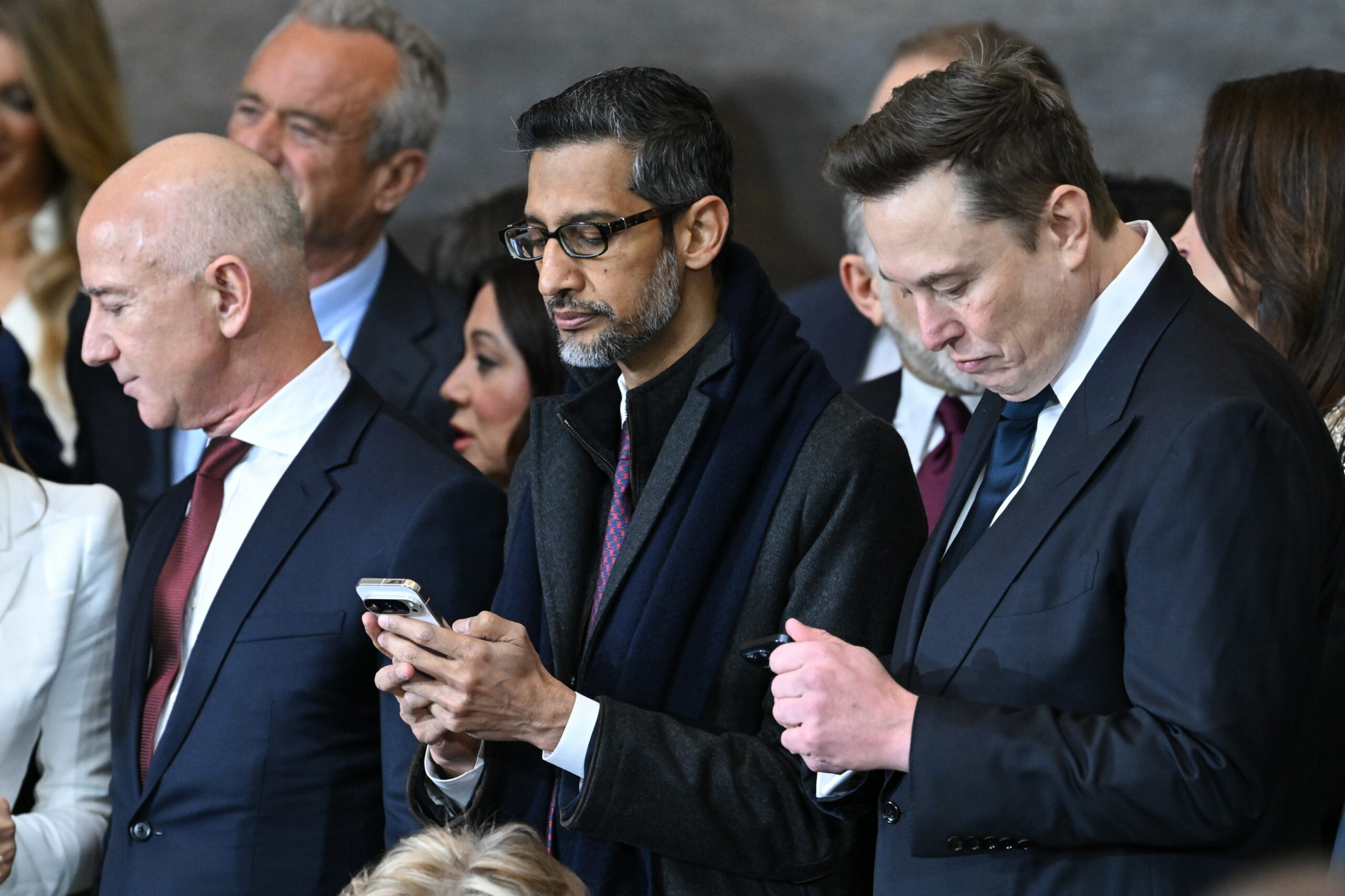 Jeff Bezos, Sundar Pichai, and Elon Musk at Donald Trump's second inauguration.