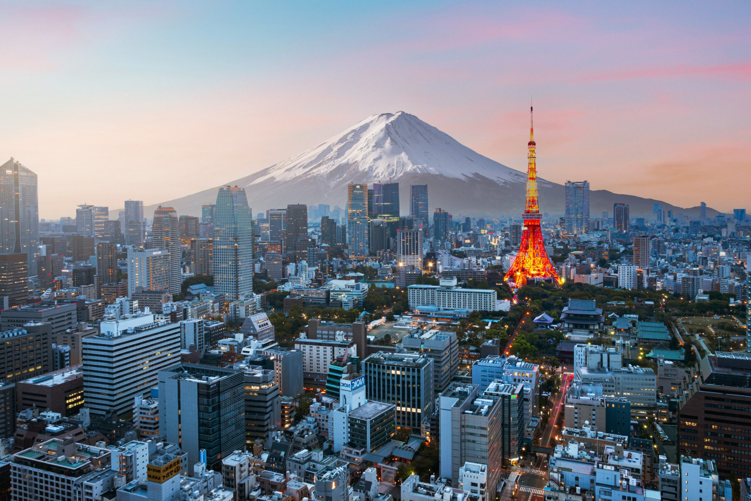 Mt. Fuji and the Tokyo skyline at dusk.