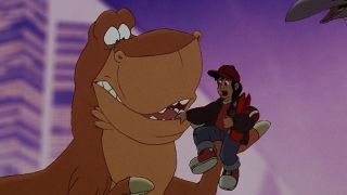 Rex holding Louie in We're Back the Dinosaur Story.