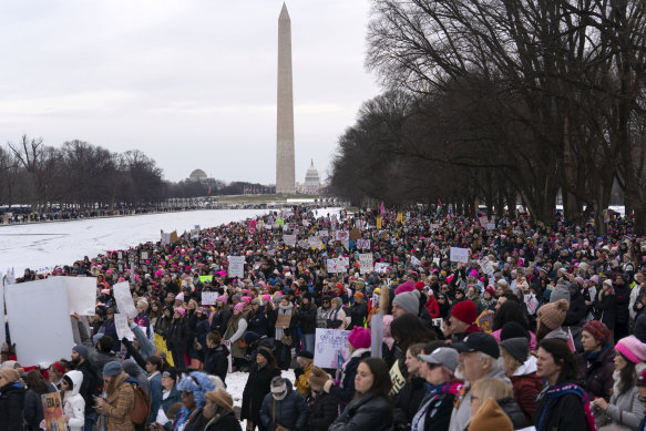 With the Washington Monument in the background, demonstrators protest against the incoming administration at the Lincoln Memorial.