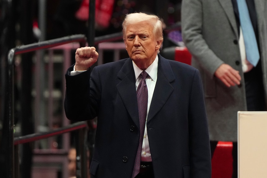 Donald Trump holds his fist in the air wearing a suit and tie.