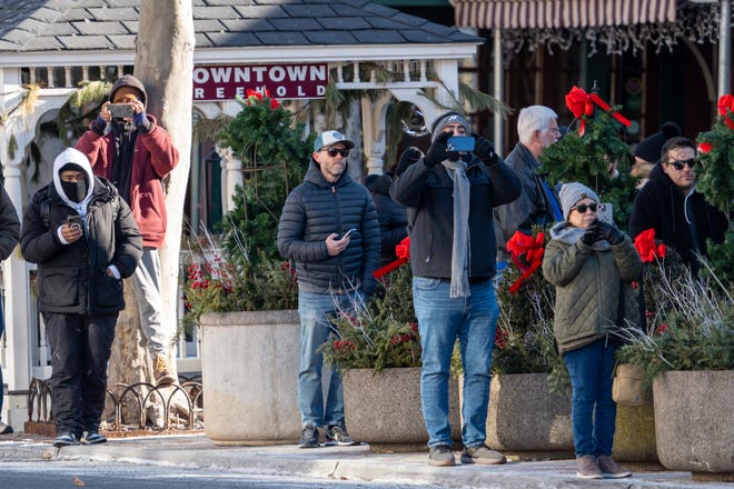 A large crowd watches the filming of the Bruce Springsteen movie Deliver Me from Nowhere in Freehold, NJ Friday, January 10, 2025. Both Jeremy Allen White and Bruce Springsteen were on set.