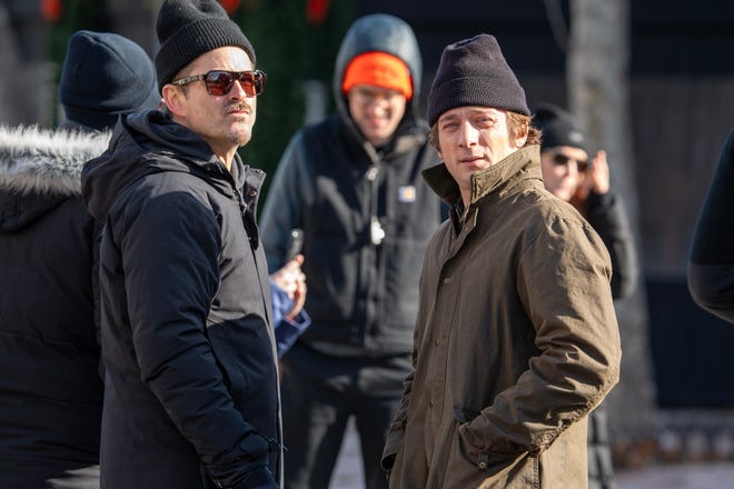 Jeremy Allen White arrives on set to film the Bruce Springsteen movie Deliver Me from Nowhere in Freehold, NJ Friday, January 10, 2025. Both Jeremy Allen White and Bruce Springsteen were on set.