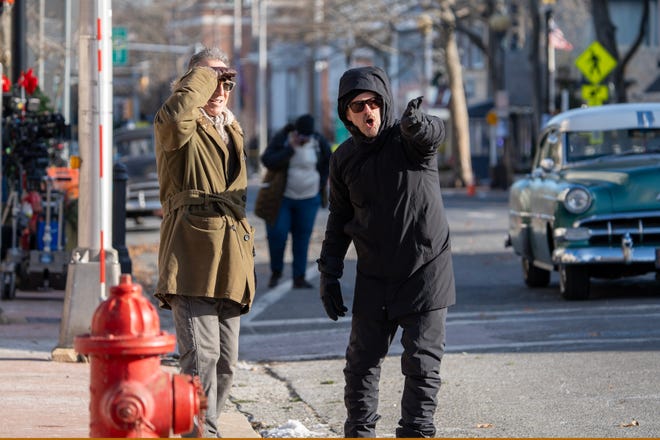 (left) Bruce Springsteen attends the filming of the Bruce Springsteen movie Deliver Me from Nowhere in Freehold, NJ Friday, January 10, 2025. Both Jeremy Allen White and Bruce Springsteen were on set.