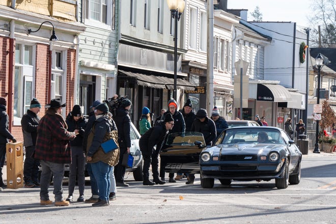 Jeremy Allen White drives a Z28 Camaro during the filming of a scene for the Bruce Springsteen movie Deliver Me from Nowhere in Freehold, NJ Friday, January 10, 2025. Both Jeremy Allen White and Bruce Springsteen were on set.