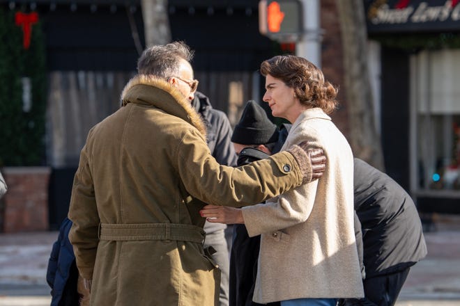 Bruce Springsteen speaks to Gaby Hoffmann as Adele Springsteen, Bruce’s mom, during the filming of the Bruce Springsteen movie Deliver Me from Nowhere in Freehold, NJ Friday, January 10, 2025. Both Jeremy Allen White and Bruce Springsteen were on set.