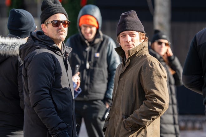 Jeremy Allen White arrives on set to film the Bruce Springsteen movie Deliver Me from Nowhere in Freehold, NJ Friday, January 10, 2025. Both Jeremy Allen White and Bruce Springsteen were on set.