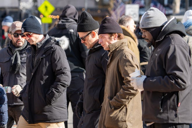 Jeremy Allen White arrives on set to film the Bruce Springsteen movie Deliver Me from Nowhere in Freehold, NJ Friday, January 10, 2025. Both Jeremy Allen White and Bruce Springsteen were on set.