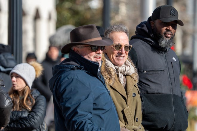 Bruce Springsteen attends the filming of the Bruce Springsteen movie Deliver Me from Nowhere in Freehold, NJ Friday, January 10, 2025. Both Jeremy Allen White and Bruce Springsteen were on set.