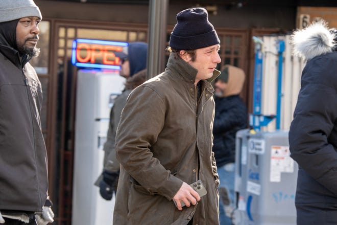 Jeremy Allen White arrives on set to film the Bruce Springsteen movie Deliver Me from Nowhere in Freehold, NJ Friday, January 10, 2025. Both Jeremy Allen White and Bruce Springsteen were on set.