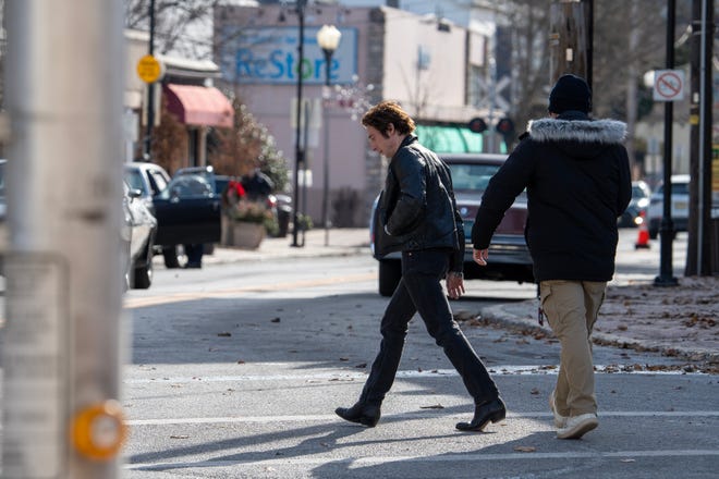 Jeremy Allen White arrives on set to film the Bruce Springsteen movie Deliver Me from Nowhere in Freehold, NJ Friday, January 10, 2025. Both Jeremy Allen White and Bruce Springsteen were on set.