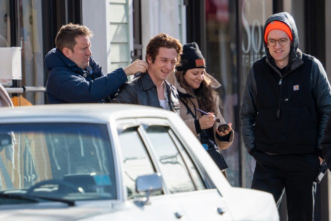 Jeremy Allen White prepares to film a scene for the Bruce Springsteen movie Deliver Me from Nowhere in Freehold, NJ Friday, January 10, 2025. Both Jeremy Allen White and Bruce Springsteen were on set.