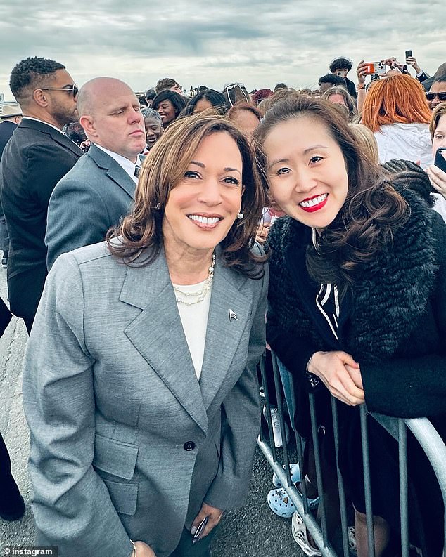 Lindy Li poses for a photo with Vice President Kamala Harris