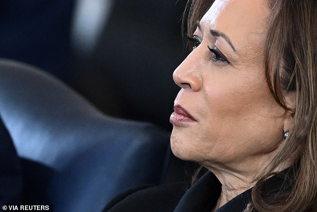 Former US Vice President Kamala Harris listens as President Donald Trump speaks after being sworn in as the 47th President in the US Capitol Rotunda