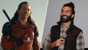 Ryan Reynolds as Nicepool puts his hand on his chest in a still from 'Deadpool & Wolverine'; Justin Baldoni wears a man-bun and holds a microphone