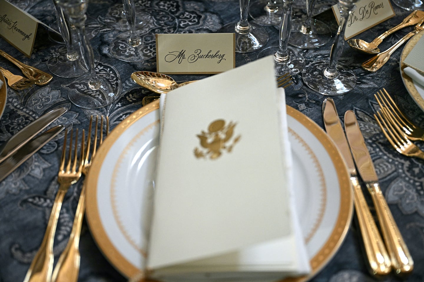 The name tag of Meta CEO Mark Zuckerberg is pictured ahead of a luncheon in Statuary Hall that will follow the inauguration ceremony where Donald Trump will sworn in as the 47th US President in the US Capitol Rotunda in Washington, DC, on Jan. 20, 2025. 