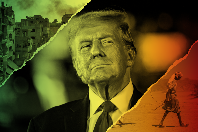 A photo collage shows Donald Trump squinting and smiling slightly as he looks to the right. Paper tears at the corner reveal an image of devastation in Gaza and a person walking through a dry landscape. A cool-to-warm gradient color effect is over the image.