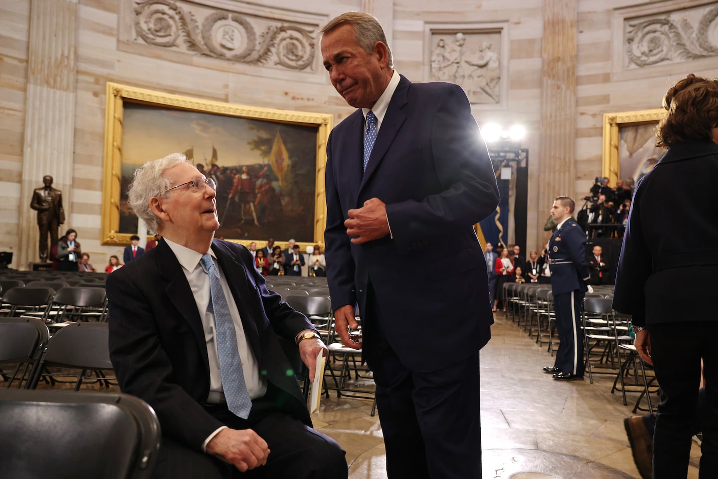 Senator Mitch McConnell speaks with former US speaker of the House John Boehner as they arrive to the inauguration of President-elect Donald Trump in the Rotunda of the US Capitol on Jan. 20, 2025 in Washington, D.C.