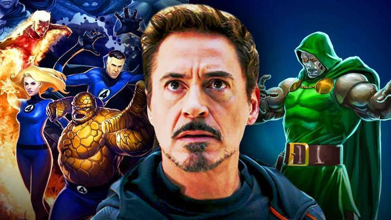 Robert Downey Jr. as Tony Stark with artwork of the Fantastic Four and Doctor Doom in the background