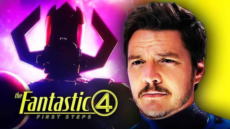 The Fantastic Four: First Steps logo with artwork of Galactus and a photo of Pedro Pascal