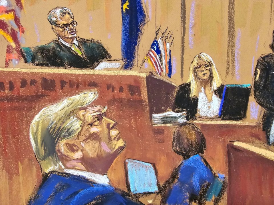 A sketch photo of porn star Stormy Daniels testifying during Trump's hush money trial