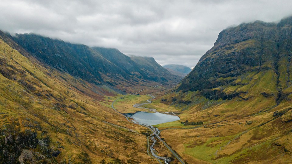 Aerial view of a valley in Glen Coe, Scotland.