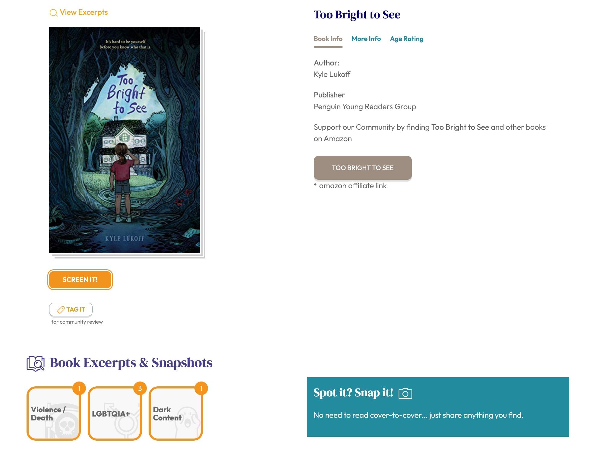 screen shot from screen it first for the book Too Bright to See by Kyle Lukoff. It highlights inappropriate content in the categories of violence, LGBTQIA+, and Dark content. 