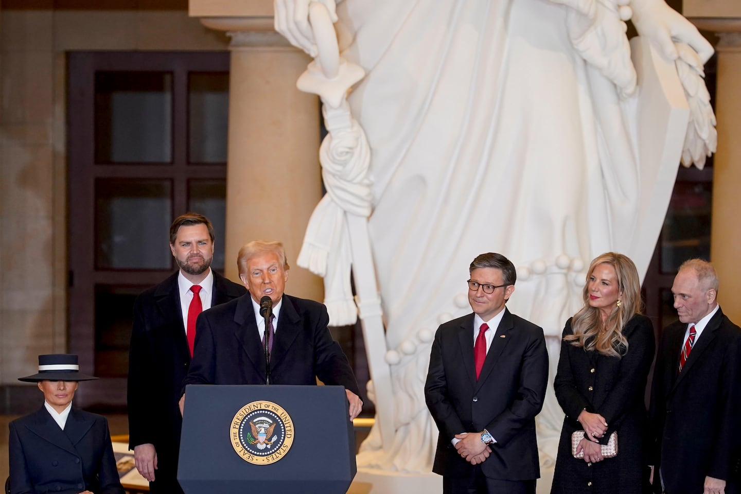 President Donald Trump speaks in Emancipation Hall after the 60th Presidential Inauguration, Monday, Jan. 20, 2025, at the US Capitol in Washington. 