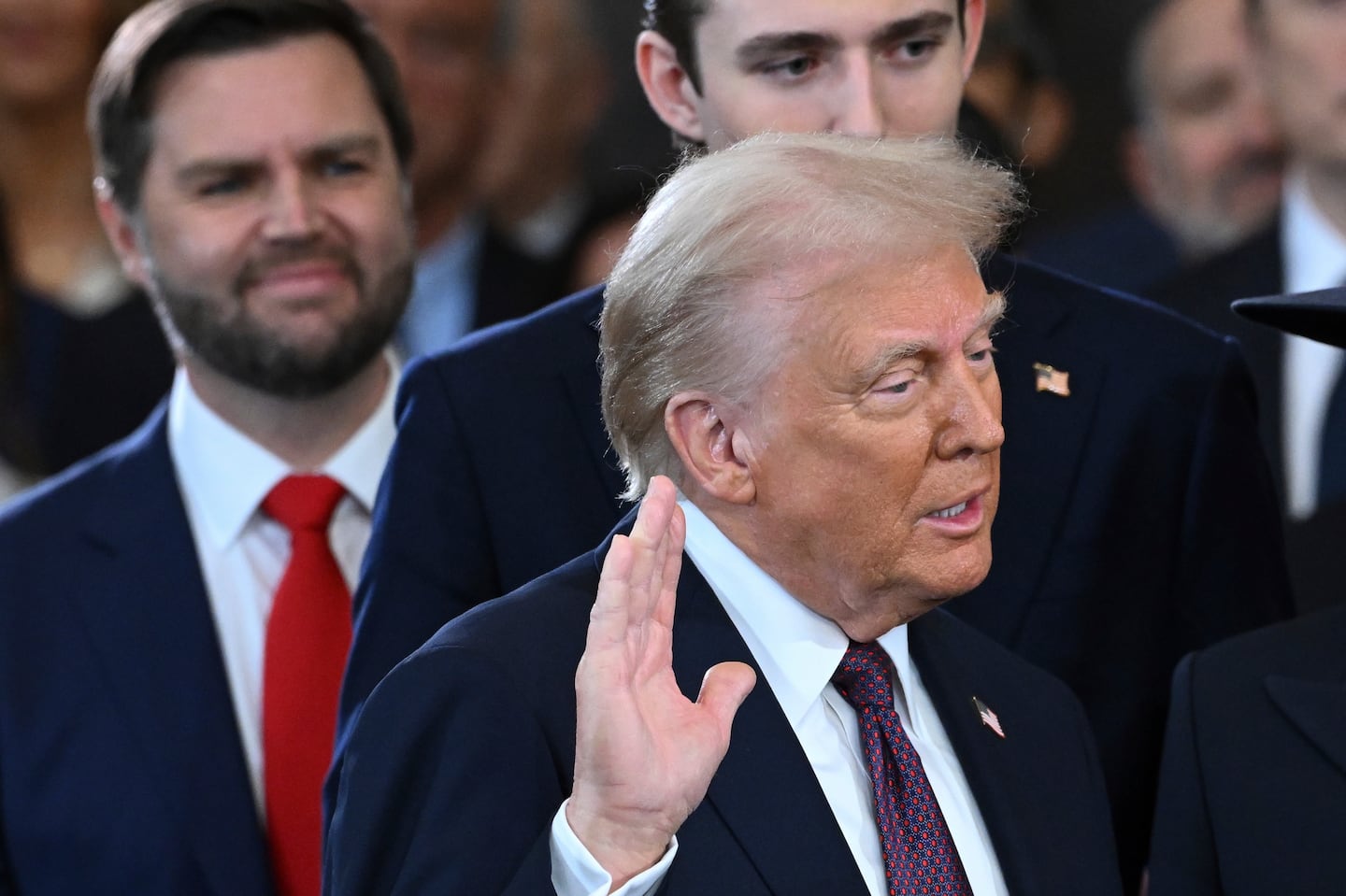 President-elect Donald Trump takes the oath of office during the 60th Presidential Inauguration in the Rotunda of the US Capitol in Washington, Monday, Jan. 20, 2025. 