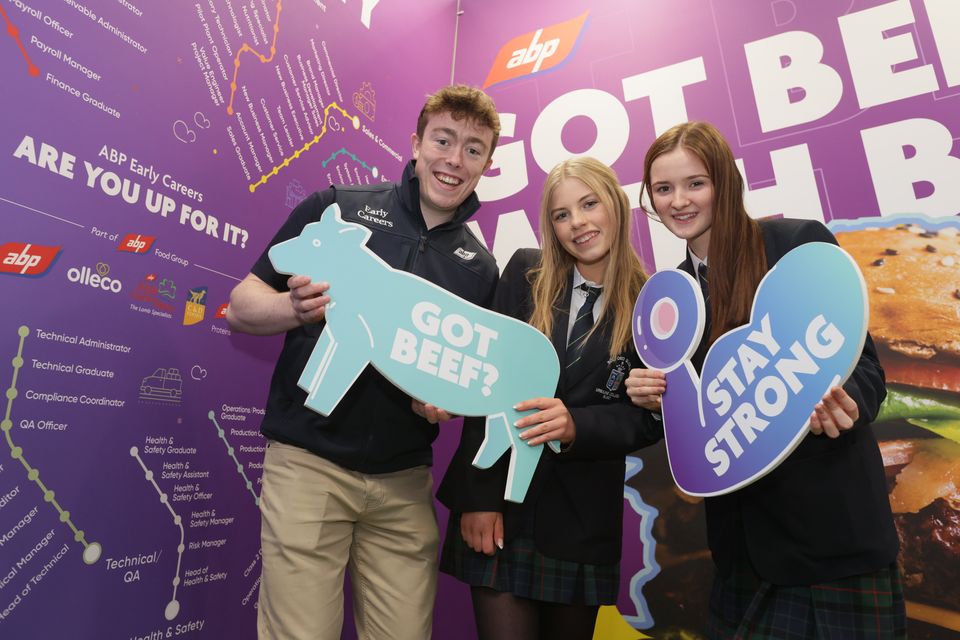 Aoife Fadian and Jessica O'Connor from the Ursuline College, Sligo pictured with ABP's Michael Doyle at the ABP stand at the BT Young Scientist and Technology Exhibition. Aofe and Ursula's project is entitled 'Sheep Strength' and explores the advantages of using wool to reinforce concrete.